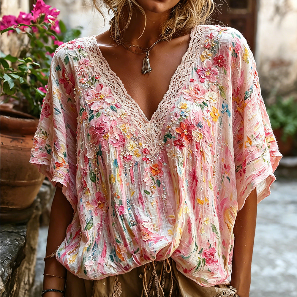 Women's Oil Painting Floral Art Cotton Linen V-neck Short Sleeve Top