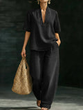 Minimalist Cozy Short-sleeved Top Wide-leg Jeans Denim Set