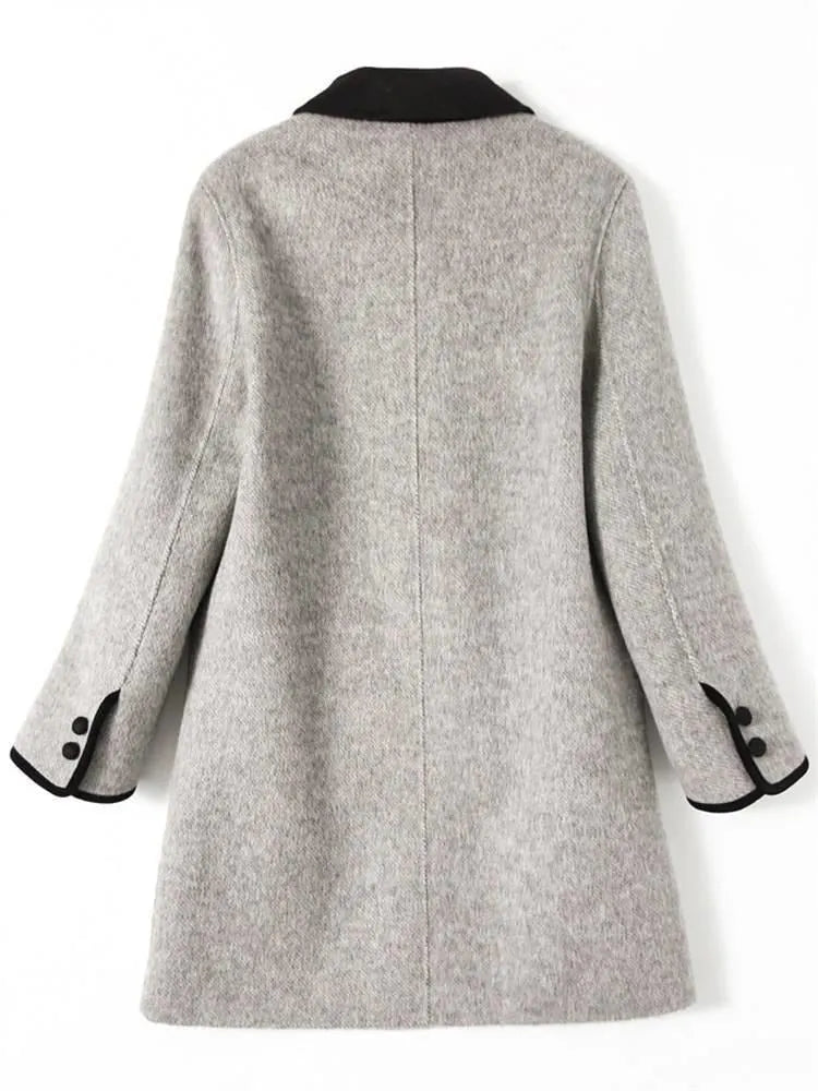 Contrast Trim Double Breasted Mid‐Length Wool Blend Coat Women