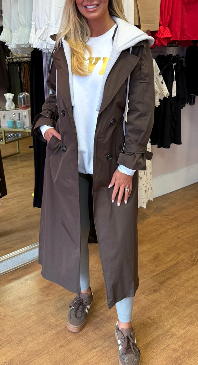Women's Hooded Lapel Fake Two-piece Casual Long Trench Coat