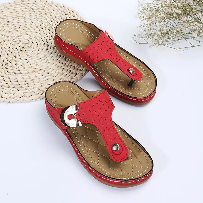 2026 Summer New Women's Metal Decor Feature Pattern Wedge Flip-Flops