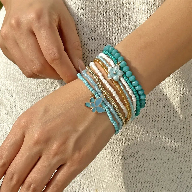 Bohemian 9-piece Butterfly, Flower And Heart Beaded Bracelet