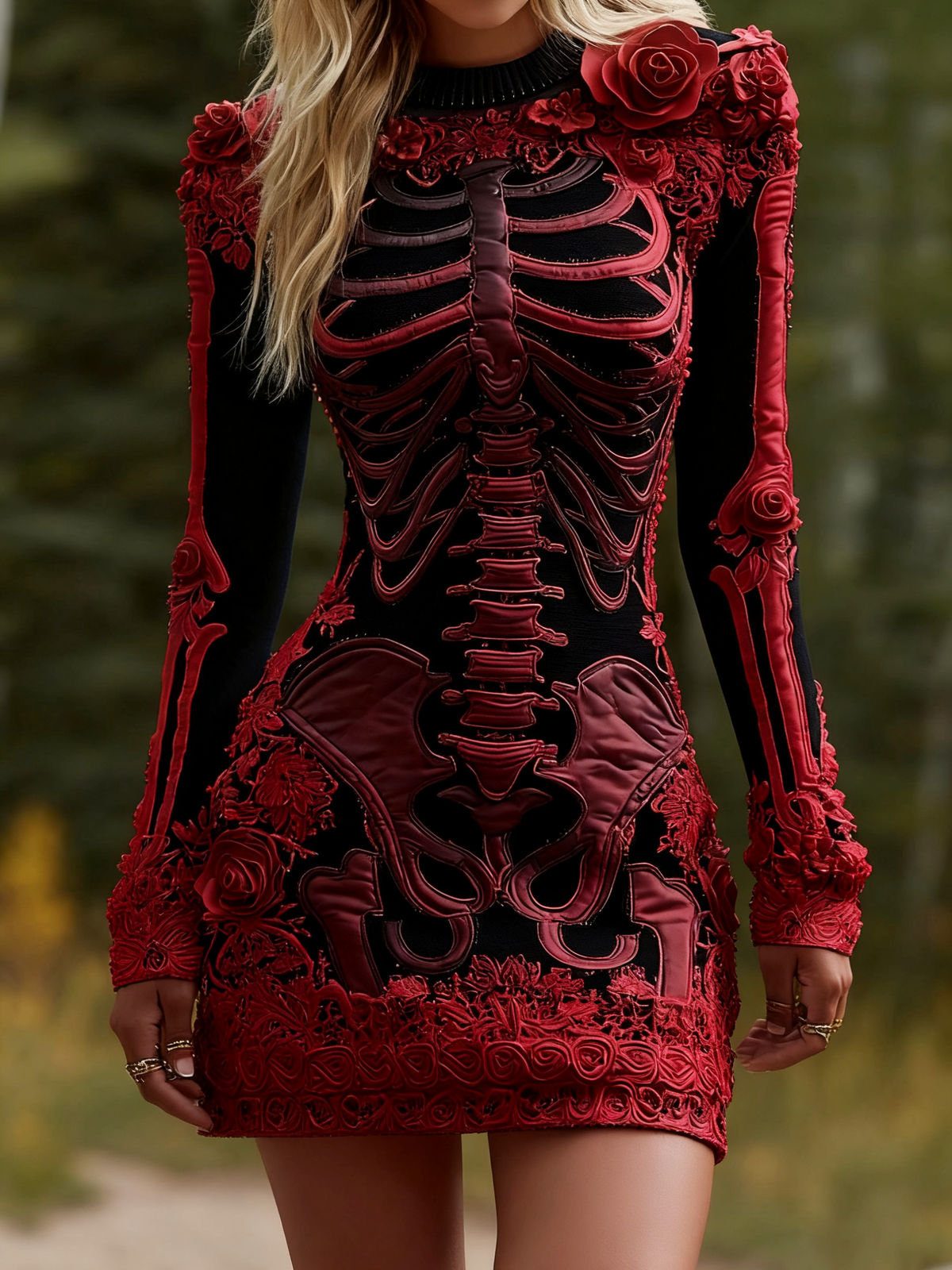 Women's Halloween Skeleton Bones Leather With Rose Pattern Art Hot Sexy Style Cozy Knit Mini Sweater Dress
