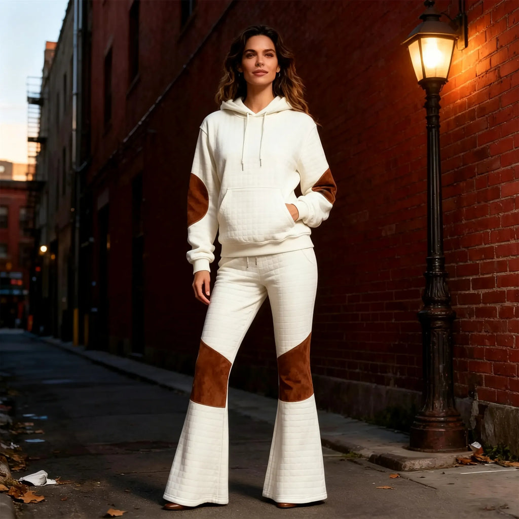 Women's Vintage White Quilted Plaid Waffle Brown Suede Pocket Sweat Suit