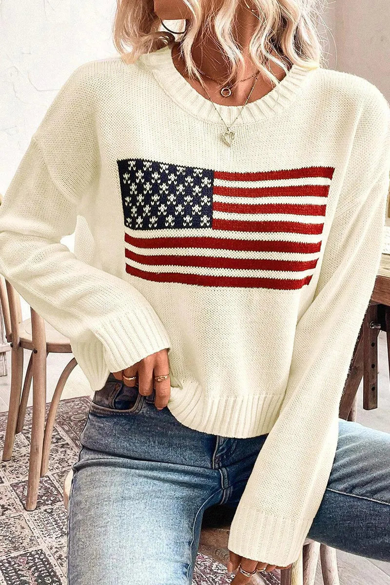 American Flag Pattern Knit Drop Shoulder Long Sleeve Sweater