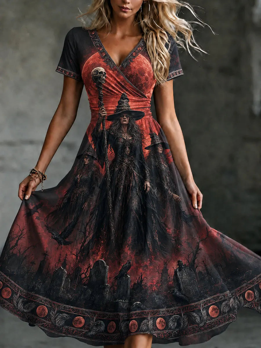 Dark Witch Red Moon Gothic V-Neck Short-Sleeve Dress