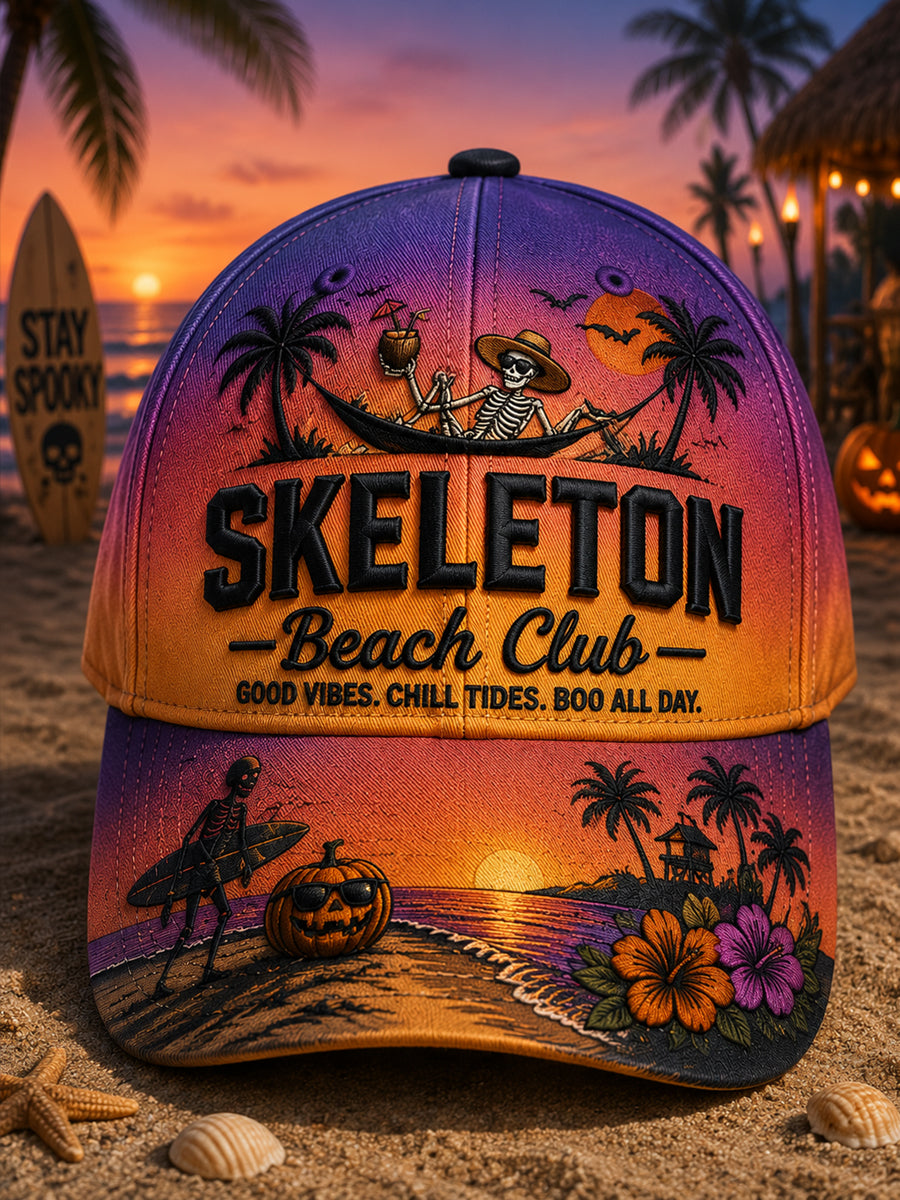 Skeleton Beach Club Halloween Print Casual Cap