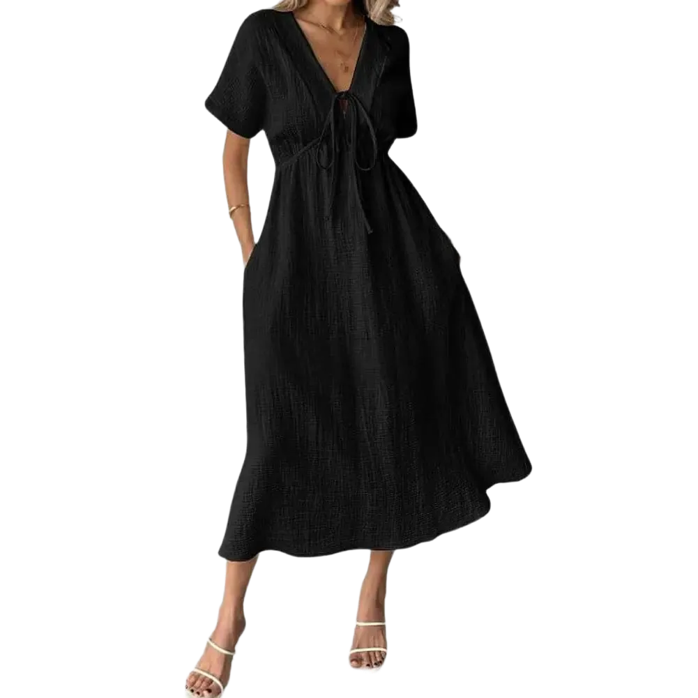 🔥Women's Summer Solid Color V-Neck Cotton Dress