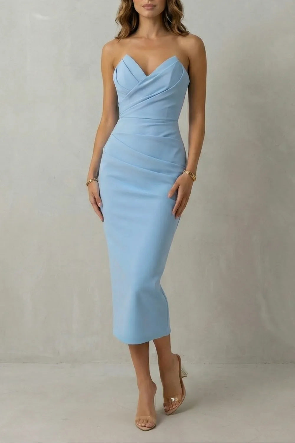 Timeless sculpted elegance – Draped sleeveless midi dress
